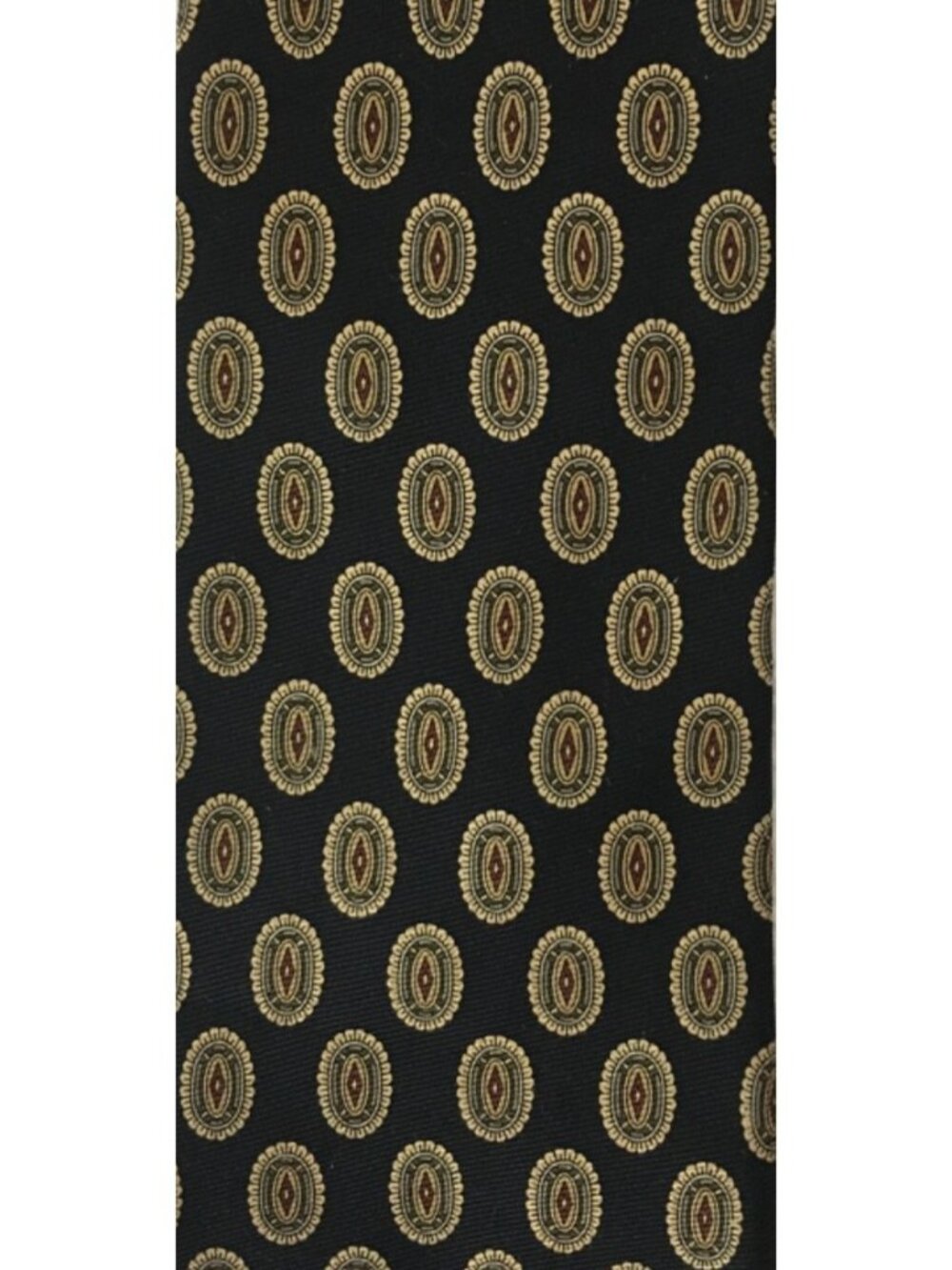 Roundtree and York Neck Tie Black w  Gold Red Ovals Silk 4 in Wide 57 in Long